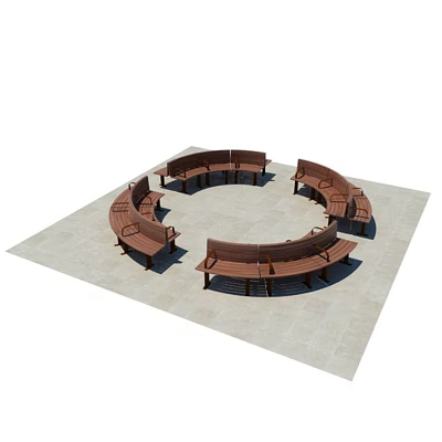 Wooden Outdoor Chairs In Circular Arrangement On Stone Slab Floor 3d model