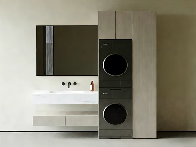 Modern Bathroom Cabinet With Wall Mirror Sink And Stacked Washing Machines 3d model