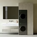 Modern Bathroom Cabinet With Wall Mirror Sink And Stacked Washing Machines