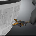 Yellow And White Spacecraft Exploring Planetary Surface With Gray Clouds In Space