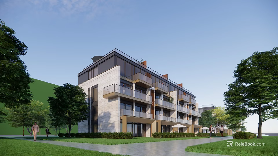 Modern Townhouse Exterior With Stone Glass Facade Balconies Multiple Floors And Greenery Lawn Trees 3d model 