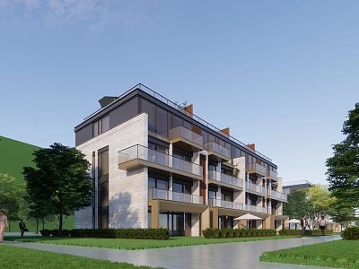 Modern Townhouse Exterior With Stone Glass Facade Balconies Multiple Floors And Greenery Lawn Trees 3d model