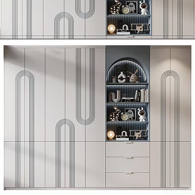 Elegant Modern Decorative Cabinet With Linear Arch Design Open Shelves And Decorative Ornaments 3d model