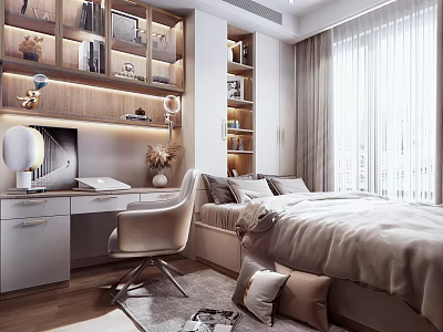 Modern Tatami Bedroom Interior Design With Bed Storage Desk Shelves And Curtain Windows 3d model