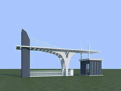 Modern Entrance Gate Design With White Canopy Guardhouse Green Lawn And Blue Sky 3d model