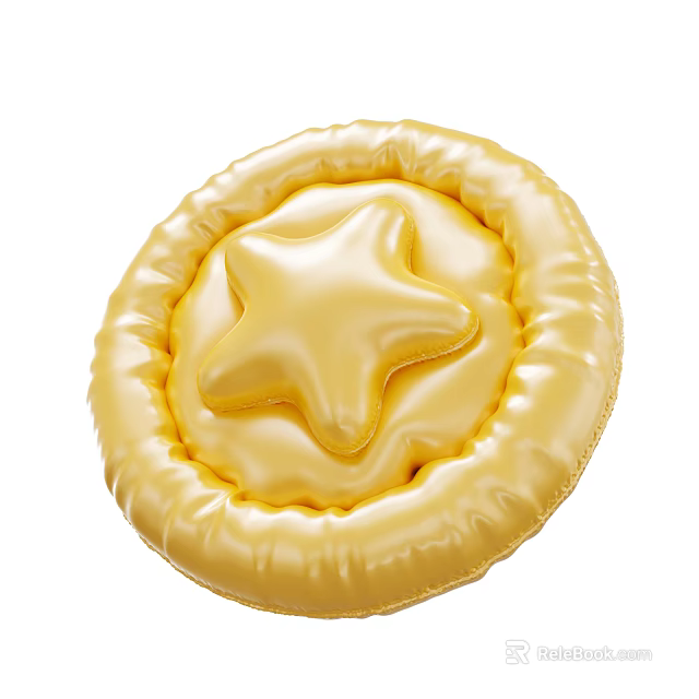 Yellow Circular Cushion With Shiny Star Design On Smooth Surface And Stitched Edges 3d model 