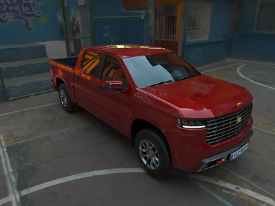 Red Pickup Truck Parked In An Urban Outdoor Basketball Court 3d model