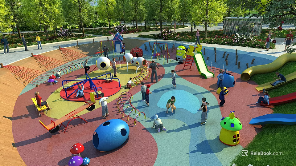 Outdoor Children's Playground Featuring Slides Climbing Frames Colorful Ground And Kids Playing 3d model 