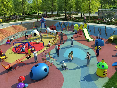 Outdoor Children's Playground Featuring Slides Climbing Frames Colorful Ground And Kids Playing 3d model
