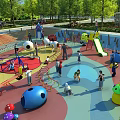 Outdoor Children's Playground Featuring Slides Climbing Frames Colorful Ground And Kids Playing