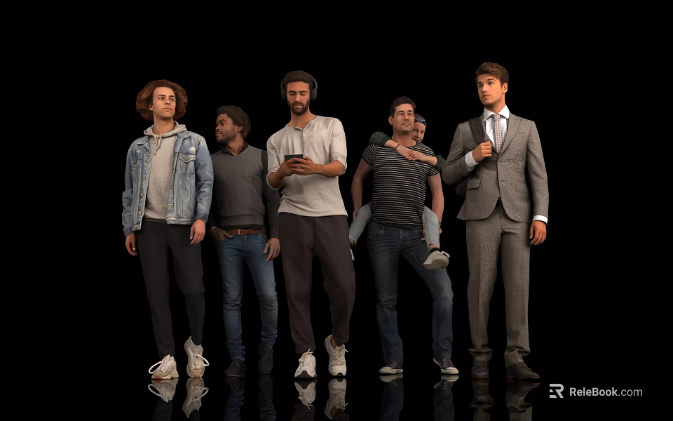 Group of Men Standing Together with Different Clothing Styles on Black Background and Reflective Floor 3d model 