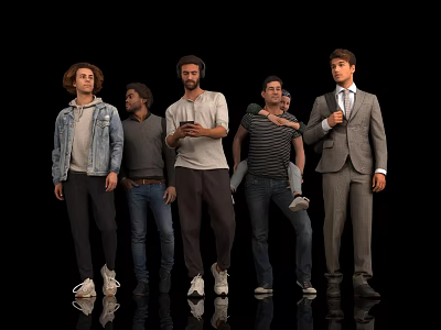 Group of Men Standing Together with Different Clothing Styles on Black Background and Reflective Floor 3d model