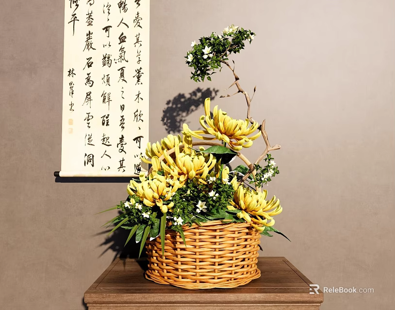 Wicker Basket Vase with Yellow Chrysanthemums and Green Leaves on Wooden Table with Calligraphy Scroll Background 3d model 