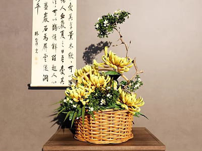 Wicker Basket Vase with Yellow Chrysanthemums and Green Leaves on Wooden Table with Calligraphy Scroll Background 3d model