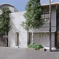 Modern Two Story Building Exterior With Concrete Facade Trees Street Lamps And Stone Paved Road