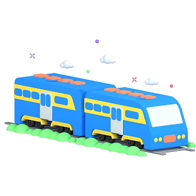 Cartoon Colorful Bullet Train on Track with Green Grass and Clouds 3d model