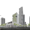 Modern Green Office Building With Glass Facade In Urban Street With Trees And Vehicles
