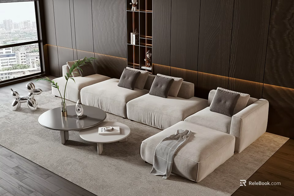 Light Gray Sectional Sofa With Plush Cushions In Modern Living Room Coffee Table And Plants 3d model 