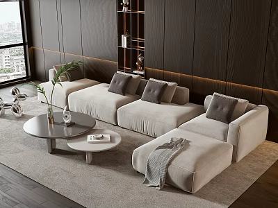 Light Gray Sectional Sofa With Plush Cushions In Modern Living Room Coffee Table And Plants 3d model