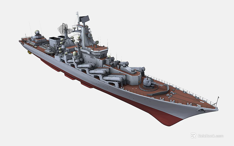Modern Military Warship With Gray Hull Red Bottom Deck Missile Launchers And Radar Systems 3d model 