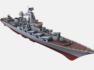 Modern Military Warship With Gray Hull Red Bottom Deck Missile Launchers And Radar Systems 3d model