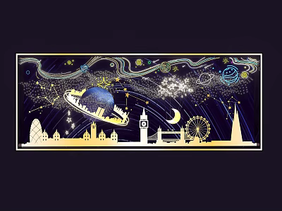 London City Silhouette with Starry Sky Spaceship Planets and Landmarks 3d model