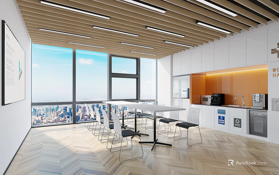 Modern Spacious Break Room With Large Windows Table Chairs Coffee Machine White Cabinets And Wooden Flooring 3d model 