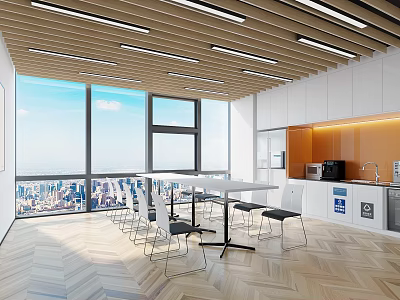 Modern Spacious Break Room With Large Windows Table Chairs Coffee Machine White Cabinets And Wooden Flooring 3d model