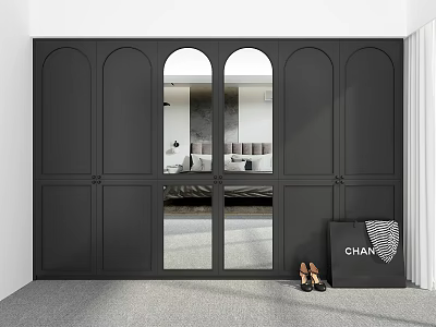 Black Modern Arched Wardrobe with Glass Panel Doors and Stylish Accessories 3d model