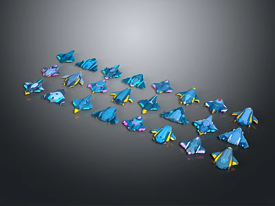 Small Blue Space Rockets Arranged in Cosmic Constellation with Yellow Details on Dark Background 3d model