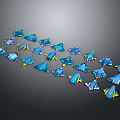 Small Blue Space Rockets Arranged in Cosmic Constellation with Yellow Details on Dark Background