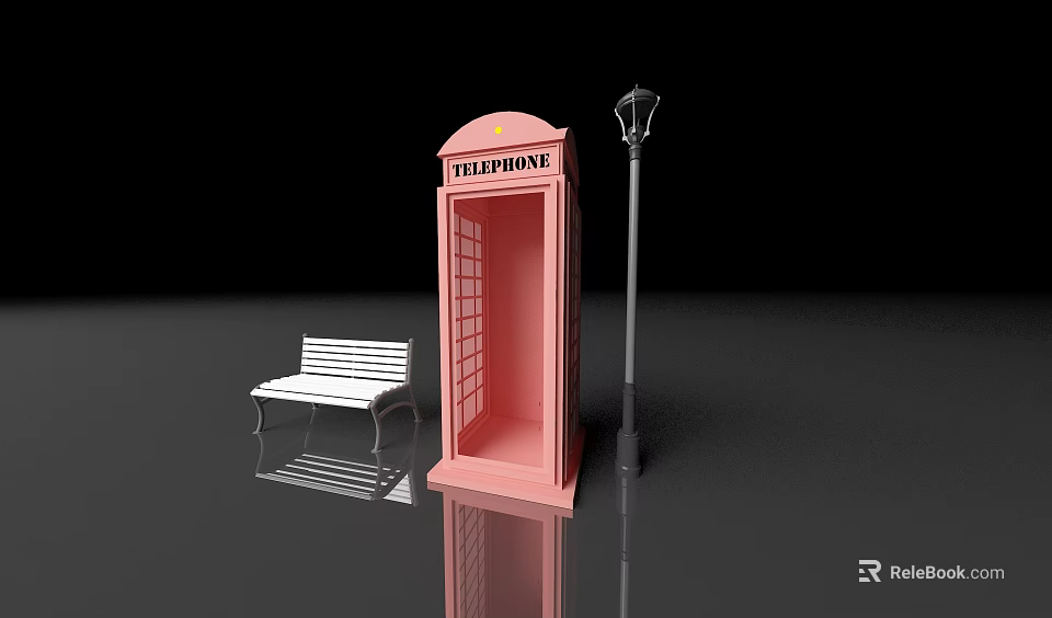 Urban Public Facilities Featuring Red Telephone Booth Street Lamp And White Bench 3d model 