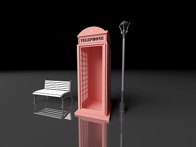 Urban Public Facilities Featuring Red Telephone Booth Street Lamp And White Bench 3d model