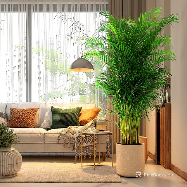 Modern Living Room with Sofa Colorful Pillows Large Green Plant Ceiling Lamp and Coffee Table 3d model 