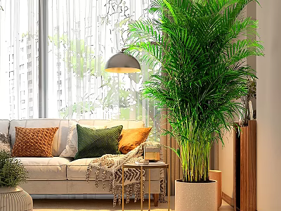 Modern Living Room with Sofa Colorful Pillows Large Green Plant Ceiling Lamp and Coffee Table 3d model