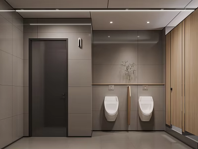 Modern Sleek Men's Public Restroom With Gray Tiles Wooden Partitions Urinals And Ceiling Lights 3d model
