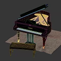 Elegant Black Grand Piano Musical Instrument with Leather Bench on Gray Carpet