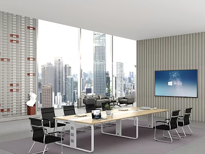 Modern Office Conference Table With Black Chairs Large Windows And City Skyline View Wall Mounted TV Screen 3d model