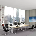 Modern Office Conference Table With Black Chairs Large Windows And City Skyline View Wall Mounted TV Screen