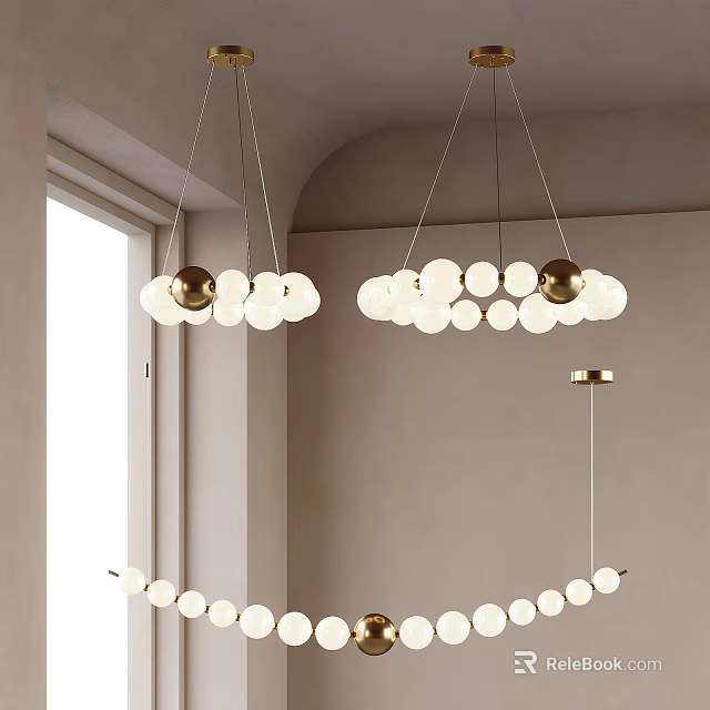 Modern Pendant Lights With White Globe Shades And Gold Accents In Interior Space 3d model 