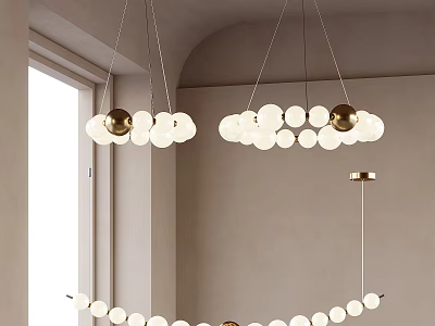Modern Pendant Lights With White Globe Shades And Gold Accents In Interior Space 3d model