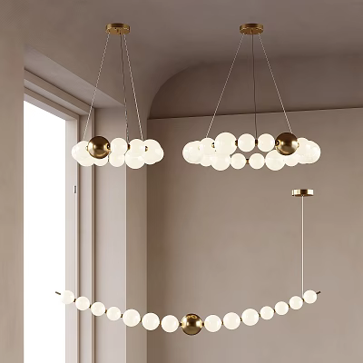 Modern Pendant Lights With White Globe Shades And Gold Accents In Interior Space 3d model