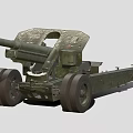 Vintage Military Green Artillery Weapon With Long Barrel Metal Carriage And Large Wheels