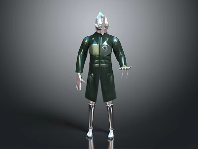 Futuristic Humanoid Robot Character With Green Suit Silver Helmet And Circular Chest Device 3d model