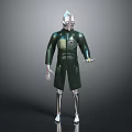 Futuristic Humanoid Robot Character With Green Suit Silver Helmet And Circular Chest Device