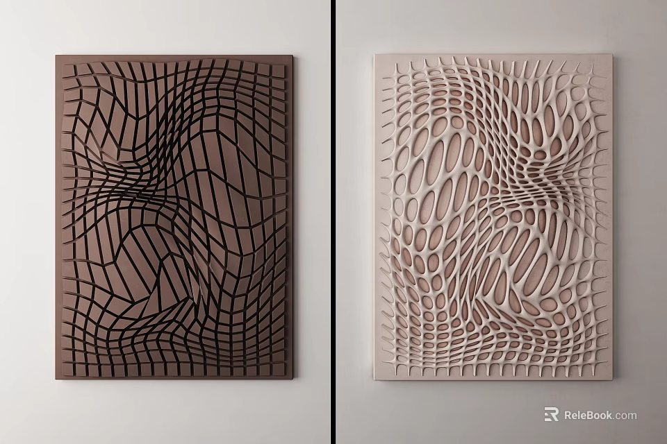 Modern Abstract Textured Wall Decor With Brown Beige Wavy Grid And Hollow Out Patterns 3d model 