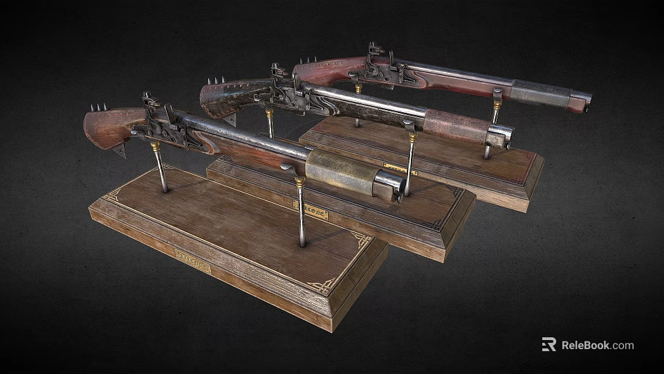 Two Antique Rifles With Wooden Stocks And Metal Components On Display Stands 3d model 