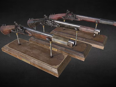 Two Antique Rifles With Wooden Stocks And Metal Components On Display Stands 3d model