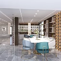 Modern Exhibition Hall Interior Design With Circular Hole Partition And Display Shelves