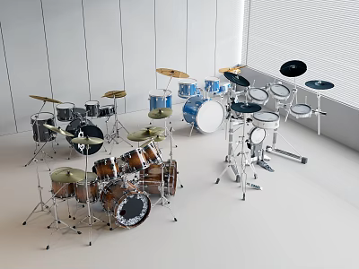 Various Drum Kits And Musical Instruments In Modern White Studio Room Setup 3d model